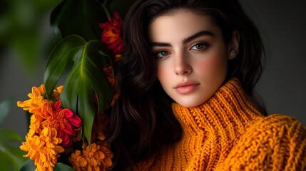Naklejka premium Stunning Portrait of a Young Woman in an Orange Knit Sweater