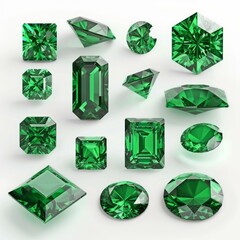 Collection of beautiful green emeralds are showing different cuts on white background
