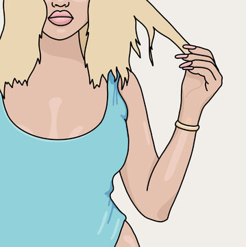 Illustration of a Woman in a Blue Top Tying Her Hair