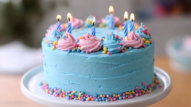A blue frosted cake with pink and blue swirls on top, decorated with colorful sprinkles and lit candles.