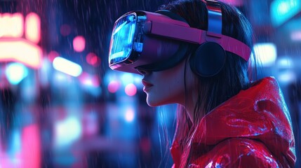 Naklejka premium Virtual reality experience young woman in futuristic city digital art nighttime cyberpunk aesthetic