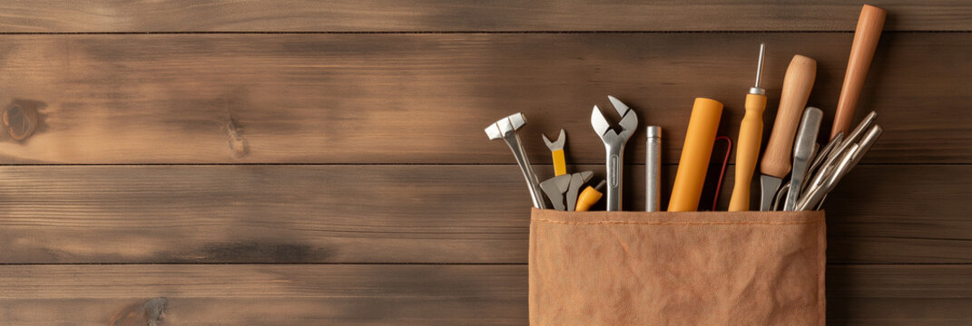 A selection of crucial hand tools organized within a canvas holder, placed on a rustic wooden background, reflecting readiness and the essence of craftsmanship and repair. - Powered by Adobe