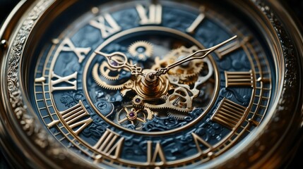 Obraz premium Close-up view of an intricate antique clock mechanism with Roman numerals.
