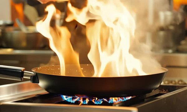 Flame of fire under the black pan placed on the stove. Restaurant kitchen cooking, professional hotel culinary meal preparation