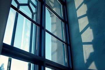 a glass window facade with hexagon metal frames
