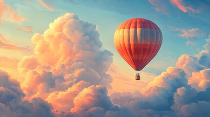 Obraz premium A vibrant hot air balloon floats serenely among colorful clouds, under a dreamy sky at sunset.