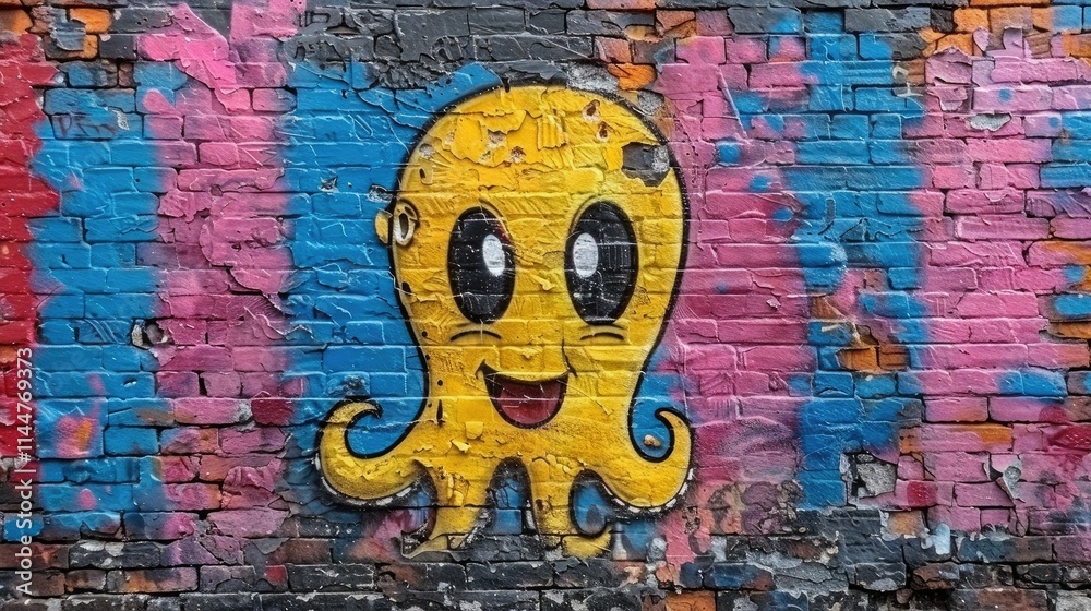 Wall mural A vibrant yellow octopus mural on a colorful brick wall, showcasing urban art.