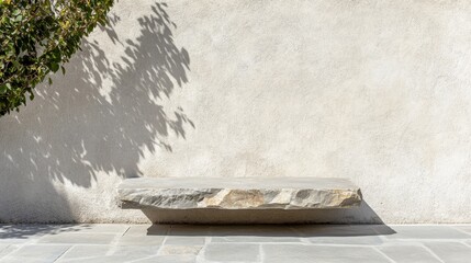 Stone Platform Bench Against Wall - Serene stone bench, minimalist design, tranquil setting, outdoor space, shadow play.