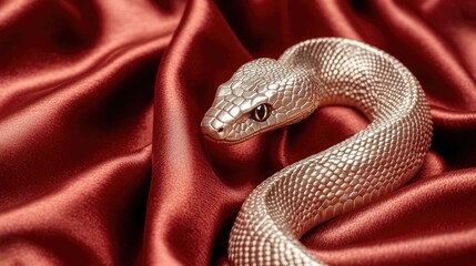 Fototapeta premium Golden snake on luxurious red silk fabric with detailed texture