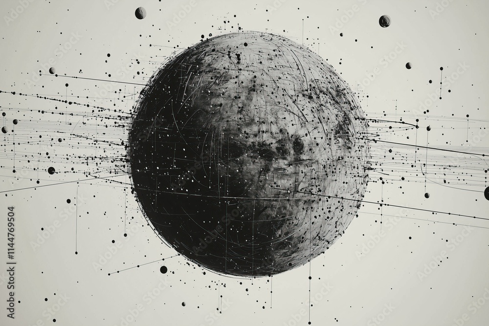 Poster abstract black and white planet surrounded by cosmic elements and lines