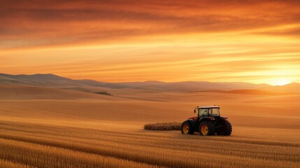 Fototapeta premium Rural Landscape at Sunset with Tractor Harvesting Fields of Wheat Under a Colorful Sky
