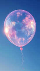 A vibrant balloon floats against a clear blue sky, reflecting colorful patterns and light, evoking a sense of joy and whimsy.