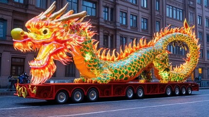 Fototapeta premium Vibrant dragon float with colorful scales in festive street parade Happy Chinese New Year