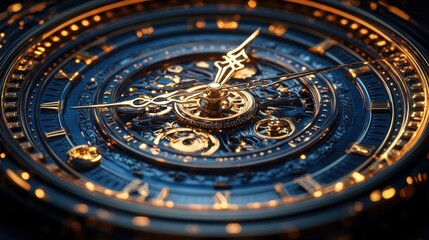 Fototapeta premium Close-up view of intricate, golden, antique-style clock mechanism with hands moving. Deep blue background.