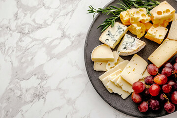An assortment of sliced ​​cheeses with grapes, crackers and herbs. Cheese plate appetizer.