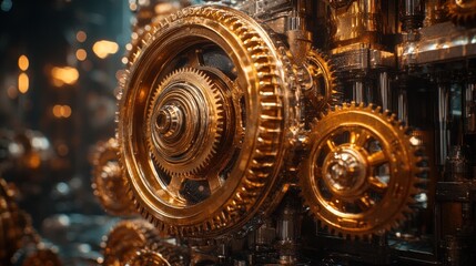 Fototapeta premium Close-up view of intricate golden gears and machinery.