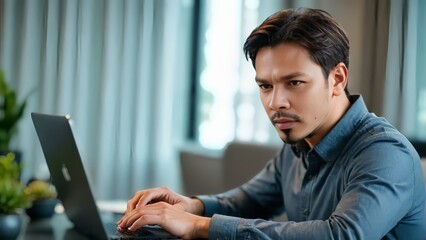 Business man online working on laptop computer, mobile phone and digital tablet from home office