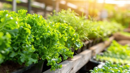 Lush green lettuce growing in pots at garden nursery bathed in warm sunlight