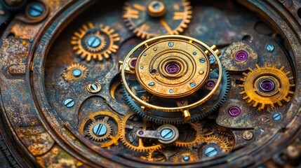 Obraz premium Close-up view of intricate rusty clockwork gears and mechanisms.