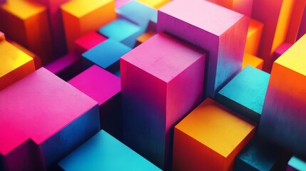 Obraz premium A vibrant arrangement of colorful 3D cubes in shades of pink, blue, and yellow, creating a dynamic and abstract visual landscape.