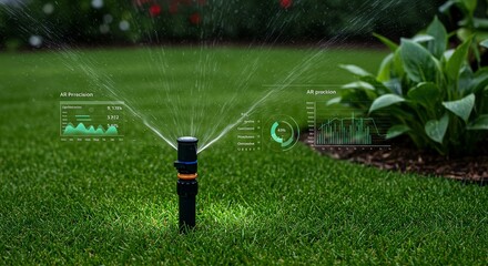 Smart sprinkler system watering lush green lawn, showcasing modern technology for efficient water management and garden care.