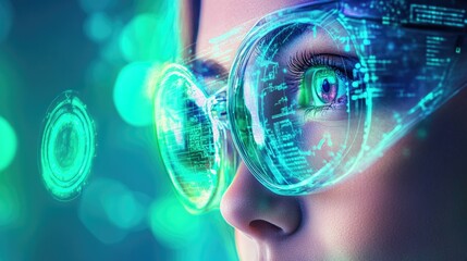 Futuristic vision with advanced holographic glasses on young caucasian woman