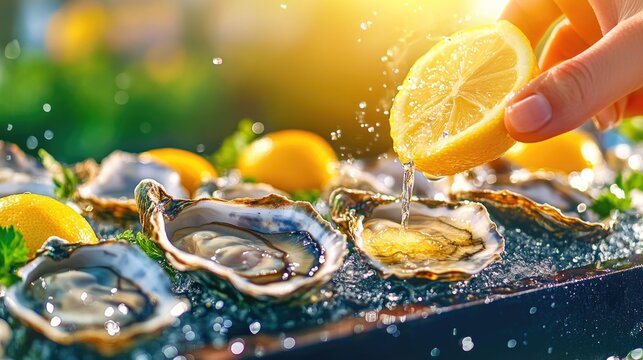 Fresh oysters on ice with lemon wedges in sunlight