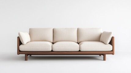 Obraz premium Modern minimalist sofa design with soft cushions and wooden frame in neutral color scheme for stylish interiors