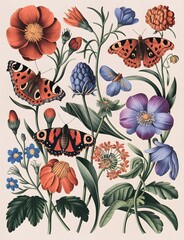 Vintage Floral and Butterfly Botanical Illustration