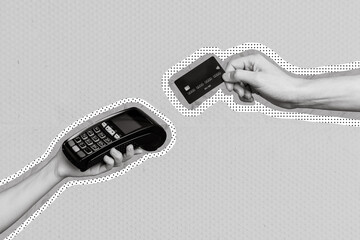 Collage 3d image of pinup pop retro sketch of hands holding credit card paying terminal black...