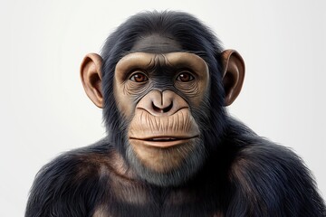 Naklejka premium Studio photo of a chimpanzee isolated against a white background. Wildlife and conservation concept, space for copy.