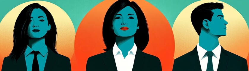 Corporate portrait, three suited professionals, one engaging the camera, symbolizing teamwork and business acumen.