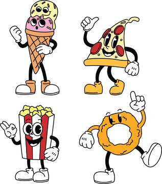 A collection of retro-style mascot characters representing fast food items such as burgers, fries, pizza, and more, perfect for branding and marketing.