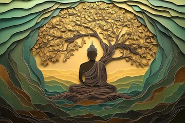 Buddha Silhouette with Tree of Life in Layered Paper-Cut Style, Symbolizing Growth and Enlightenment