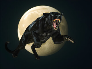 Obraz premium A majestic Black Panther silhouette howling at the moon, a wild canine mammal isolated against the night sky