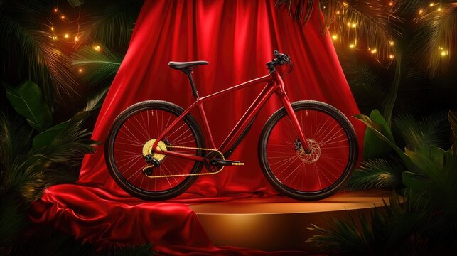 Elegant red bicycle displayed against lush tropical backdrop with festive lighting