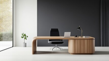 Modern minimalistic office interior with sleek wooden desk, ergonomic chair, and stylish lamp in bright space