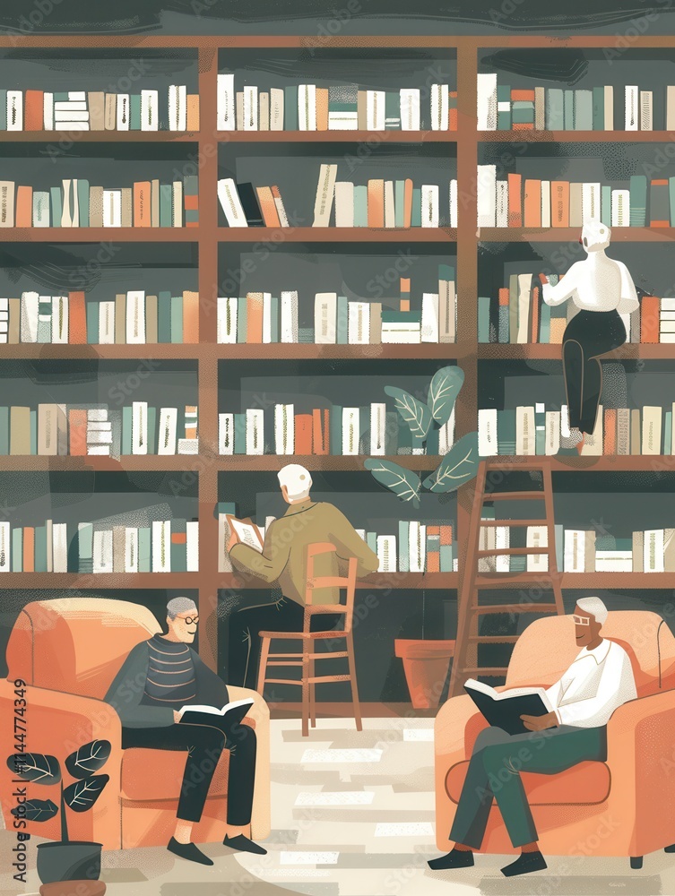 Aufkleber elderly individuals engaged in reading and studying materials in a cozy library environment. generat