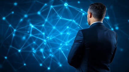 Businessman analyzes interconnected network, visualizing data flow, strategy and global connections