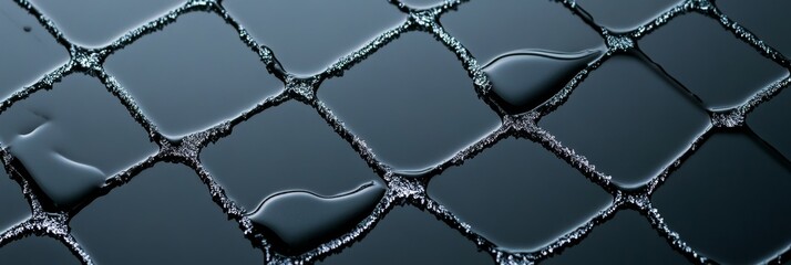 Fototapeta premium Water Droplets on Grid Surface - Abstract image, water, grid, texture, dark, design. Symbolizing structure, fluidity, contrast, reflection, and pattern.