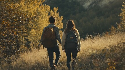Young Couple Enjoying Nature While Hiking in Scenic Mountain Landscape