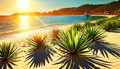 Obraz premium Agave Plants on a Tropical Beach at Sunset
