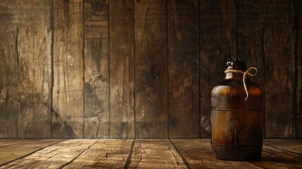 Rustic wooden wall with an old clay jug on a textured floor