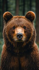 Fototapeta premium Close-up Portrait of a Majestic Brown Bear in Its Natural Forest Habitat with a Focus on Its Intense Gaze and Detailed Fur Texture, Exemplifying Wildlife Photography at Its Finest