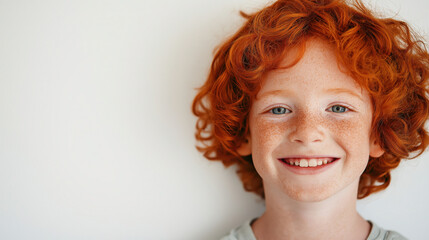 Cheerful red-haired boy Wide smile White t-shirt,