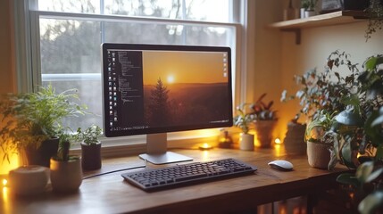 Cozy home office workspace with computer, plants, and warm lighting.