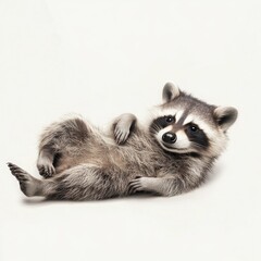 Fototapeta premium A relaxed raccoon lounging on its back with its tail curled and a content expression on a white background