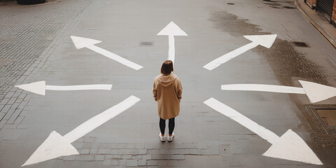 A solitary person stands at a crossroads of painted arrows on the ground, symbolizing the contemplation and choices of life's many directions and paths.