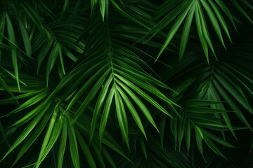 Deep green palm leaves intertwining, forming a rich, tropical backdrop