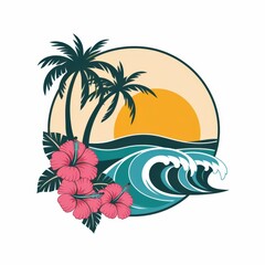 Obraz premium Tropical sunset with palm trees and vibrant hibiscus flowers